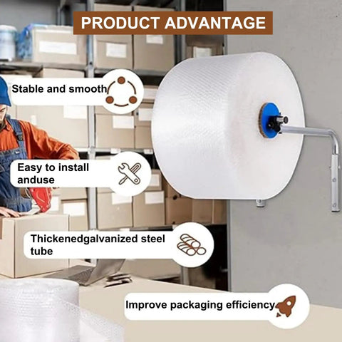 Zero Fuss Wall Mount Bubble Wrap Dispenser With Heavy Duty Foam Roll Packer Runs Super Slick For Active Packing Stations Includes Full Hardware Kit fits one meter wide films, mounted on wall in warehouse.