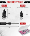 Top Shelf 60 Piece Tire Repair Screws Kit showcasing 30 micro plugs and 30 large plugs with dimensions for effective puncture fixes.