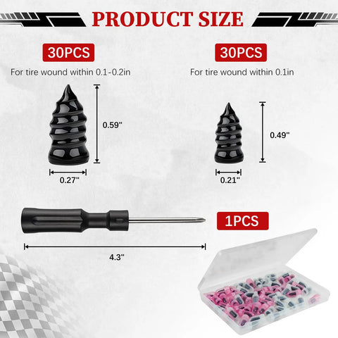 Top Shelf 60 Piece Tire Repair Screws Kit showcasing 30 micro plugs and 30 large plugs with dimensions for effective puncture fixes.
