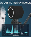 Professional Microphone Isolation Ball With Two Layer Pop Filter And High Density Foam next to singer and noise graph