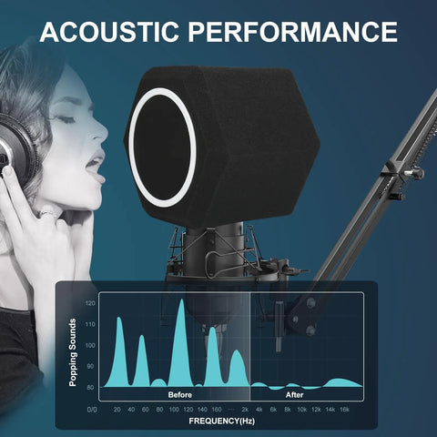 Professional Microphone Isolation Ball With Two Layer Pop Filter And High Density Foam next to singer and noise graph