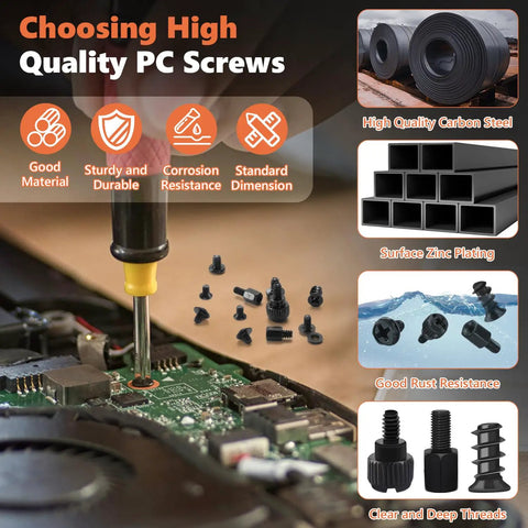 Premium Heavy Duty Computer Screws Kit Featuring Slick Zinc Plated Fasteners And Foolproof Threaded Standoffs For Effortless Pc Builds Worth Grabbing Now. PC screws with screwdriver in use, showing zinc plating and assembly hardware.