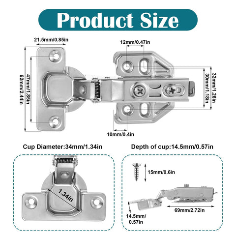 Diagram showing dimensions of Soft Close Cabinet Hinges 24 Pack Full Overlay 105 Degree Concealed Hinges With Clip On Plates