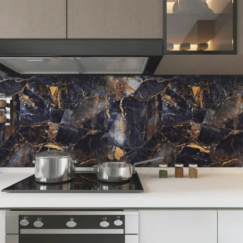 Kitchen with Black Marble Peel And Stick Contact Paper 16 Inch By 118 Inch Self Adhesive Waterproof Wallpaper on backsplash.