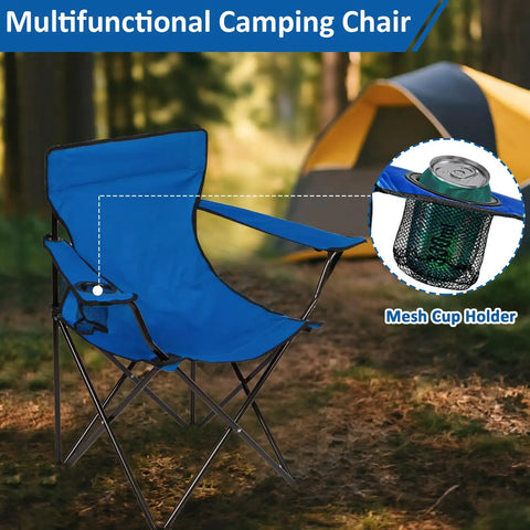 Foldable Camping Chair With Cup Holder, 225 Lb Capacity, Ultra Stable Portable Seat With Big Anti Sink Feet, PE Coated Fabric for Outdoors, shown with a mesh cup holder in a camping setting.