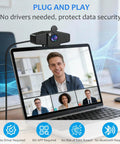 4K Webcam With Auto Focus And Light Correction, Aluminum Body, for streaming and meetings, shown on a laptop during a video call.