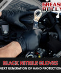 Built Tough 6 Mil Thick Black Nitrile Work Gloves For Mechanics And Auto Repair with a wrench in a car engine.