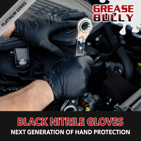 Built Tough 6 Mil Thick Black Nitrile Work Gloves For Mechanics And Auto Repair with a wrench in a car engine.