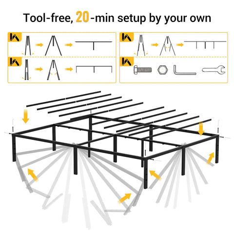 Queen Size Metal Platform Bed Frame With Heavy Duty Steel Construction And Eleven Tough Support Legs setup instructions diagram.