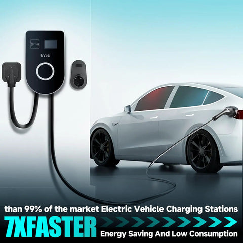 Top Shelf Smart Wifi Level 2 Ev Charger Station 48 Amps Adjustable 240 Volt Home Electric Vehicle charging from wall with sleek design.