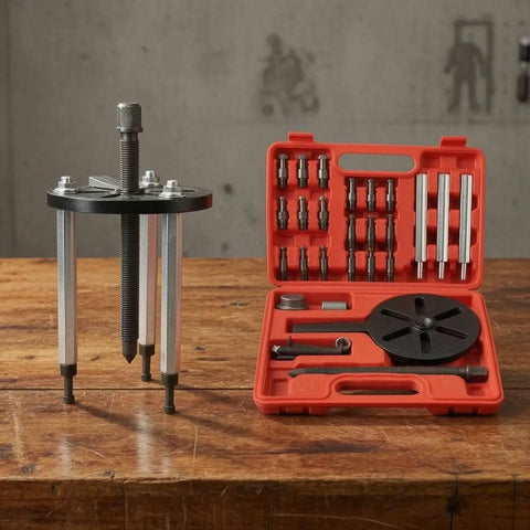 Pro Three Jaw Bearing Extractor Puller Kit Removes Inner Bearings Fast Using Strong Steel Build For Mech And Home Owners No Damage Saving Time On Rides And Cars Rock Hard Tools Every Time With High Power For Real Deals Without Hassle. three-jaw puller kit in red case