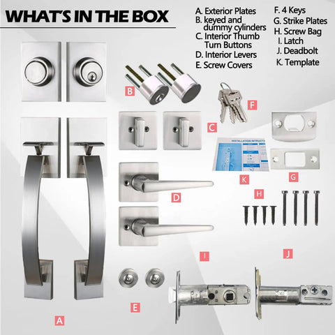 Front Entry Door Handleset With Keyed And Dummy Handleset Satin Nickel Adjustable Backset 60mm Or 70mm Movable Hole Position Fits Most US Standard Doors For Hole Centers About Eight And One Third Inches Easy Install - complete set with accessories
