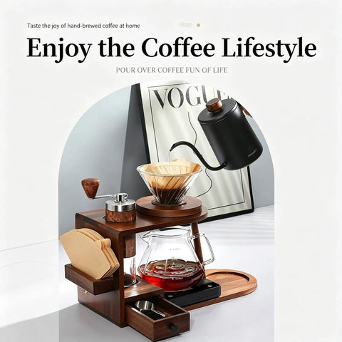 Next Level Pour Over Coffee Station And Complete Eight Piece Brewing Kit With Gooseneck Kettle Manual Ceramic Burr Grinder Large Glass Server And Solid Wood Rack for hand-brewed coffee setup.