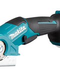 Badass Compact 12V Max Lithium Ion Cordless Multi Cutter Slick Flexible Material Trimmer With Lock Off Switch Total Game Changer For Weekend Warriors Diy Hustlers Blue Finish close-up of trimmer handle and blade.