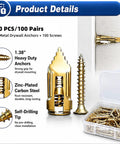 Heavy Duty Self Drilling Drywall Anchors And Screws Kit 200 Pieces No Drill Needed With 66 Lbs Max Support For Quick Rock Solid Wall Mounts In Home Or Office gold anchors and screws set