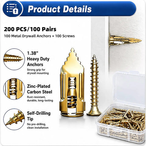 Heavy Duty Self Drilling Drywall Anchors And Screws Kit 200 Pieces No Drill Needed With 66 Lbs Max Support For Quick Rock Solid Wall Mounts In Home Or Office gold anchors and screws set