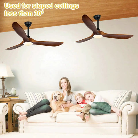 Farmhouse Outdoor Ceiling Fan With Lights, 60 Inch Wood Blade Damp Rated, dual fans shown on indoor ceiling, family seated below