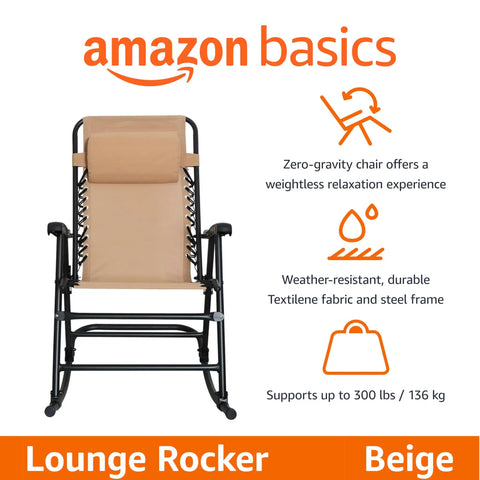 Go To Outdoor Portable Folding Rocking Chair With Headrest For Porch And Patio, ergonomic mesh seat, beige textilene fabric, steel frame.