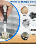 Solid Performer Automatic Center Punch Set With Six And Five Inch Bodies Plus Extra Pins For Knock Out Marks On Metal Wood And Concrete Heavy Duty Strike Tool That Works Like A Champ, showing use on various surfaces.