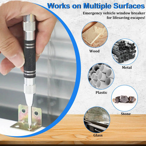 Solid Performer Automatic Center Punch Set With Six And Five Inch Bodies Plus Extra Pins For Knock Out Marks On Metal Wood And Concrete Heavy Duty Strike Tool That Works Like A Champ, showing use on various surfaces.