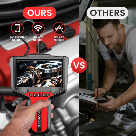 Comparison of 5 Inch 1080P HD Dual Lens Endoscope Camera With Light and traditional automotive inspection tool
