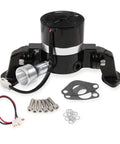 Badass Electric Water Pump Delivering 35 GPM High Flow In Precision Billet Aluminum For Ford Trucks And Cars To Free Up Hidden Horsepower and accessories laid out on white background.