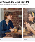 Comparison of two women seated at a cafe with a window reflection, showing effect of Slick Snap On CPL Filter for iPhone 17 Pro Max.