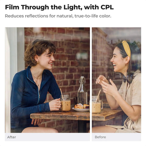 Comparison of two women seated at a cafe with a window reflection, showing effect of Slick Snap On CPL Filter for iPhone 17 Pro Max.