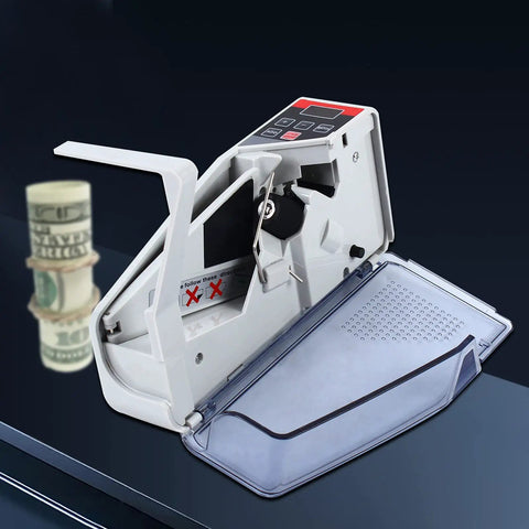 On The Go Mini Money Counter For Multi Currency Banknotes With Handy Carry Case, open view with currency stack.
