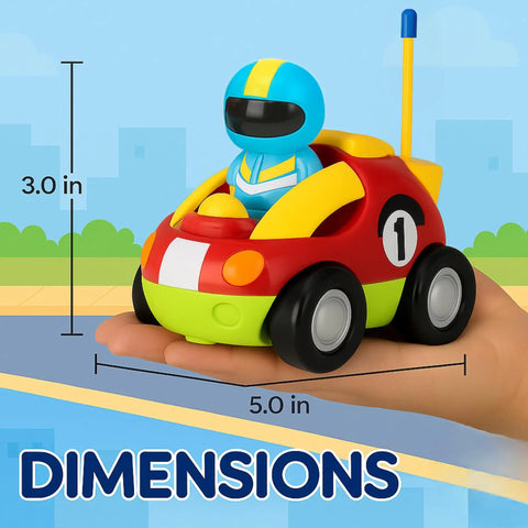 Cartoon Style My First Remote Control Car For Toddlers 18 Months Plus With Simple Two Button Remote And Steering Wheel Controller, 3x5 inches in hand