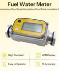 1 Inch Digital Turbine Flow Meter With 2.6-26 GPM Range, Three Quarter NPT Aluminum Adapters, Battery Powered LCD Water Flow Gauge