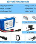 Image showing 12V 6Ah LiFePO4 battery, charger, wiring connectors, and accessories for DIY projects and lighting applications.