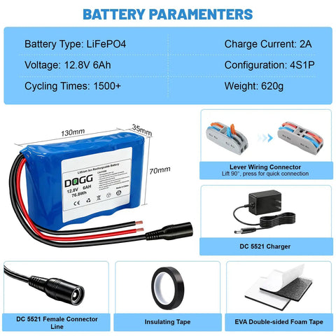 Image showing 12V 6Ah LiFePO4 battery, charger, wiring connectors, and accessories for DIY projects and lighting applications.