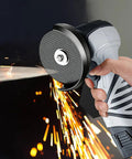 Pro Grade Mini Cordless Angle Grinder Kit With 13000 RPM 2x 16.8V 2000mAh Batteries 20 Cutting Discs Portable Tile Concrete Metal Wood Cutter for DIY Projects and Pro Jobs, shown in use cutting metal with sparks flying.