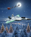Dope Remote Control Jet Plane With Extra 3 Batteries, LED Lights flies over snowy landscape with Santa and reindeer in the background.
