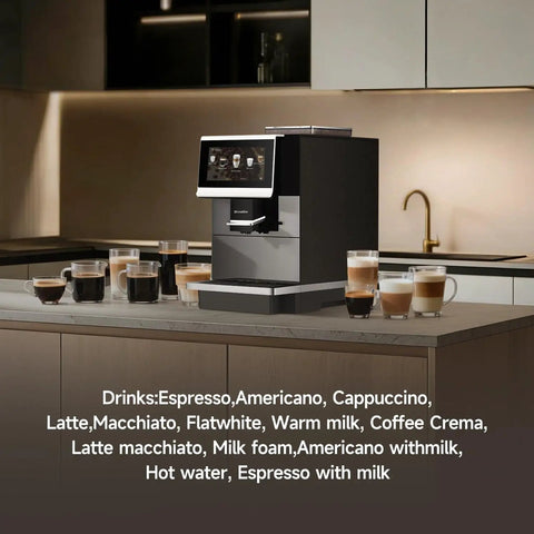 Fully Automatic Espresso Machine With Ceramic Flat Burrs And Nine Grind Size Options in an office kitchen setting