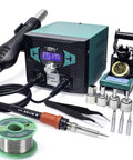 Pro Grade 2 In 1 Soldering Iron Station With Hot Air Rework And Sleep Mode, visible with digital controls and solder wire