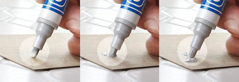 Easy Fix White Tile Grout Paint Marker Kit 5 Pack With Narrow 5mm Tips Waterproof Colorant And Sealer Pen in use on tile grout.