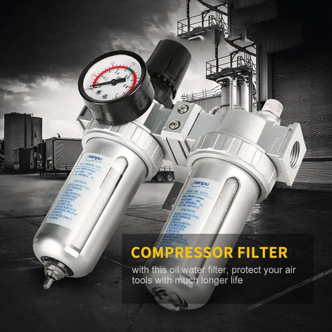 1/2-Inch Air Filter Regulator Lubricator Gauge Kit with Oil Water Separator for Compressed Air Tools, industrial background