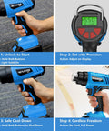 Collage showing Cordless 20V Heat Gun Kit With Dual 4.0Ah Batteries in use with digital screen and adjustments