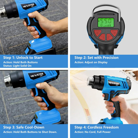 Collage showing Cordless 20V Heat Gun Kit With Dual 4.0Ah Batteries in use with digital screen and adjustments