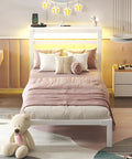 Totally Sweet Twin Size Metal Bed Frame With White Storage Headboard Featuring Smart App Control Rgb Led Lights And Built In Usb Charging Ports For Ultra Chill Bedroom Setups That Slap in bedroom setup with pillows and decor.