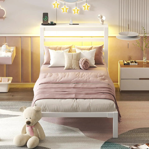 Totally Sweet Twin Size Metal Bed Frame With White Storage Headboard Featuring Smart App Control Rgb Led Lights And Built In Usb Charging Ports For Ultra Chill Bedroom Setups That Slap in bedroom setup with pillows and decor.