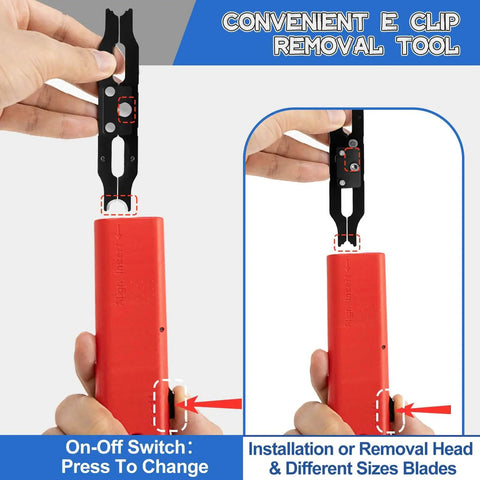 Pro Grade E Clip Snap Ring Kit With Removal And Installation Tool, showing hand using the tool with red handle for E clip removal