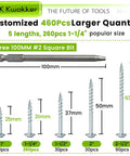 460 Piece Pocket Hole Screws Kit With Five Lengths From One Inch To Two And A Half Inch Square Drive Zinc Coarse Thread