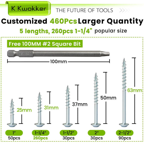 460 Piece Pocket Hole Screws Kit With Five Lengths From One Inch To Two And A Half Inch Square Drive Zinc Coarse Thread