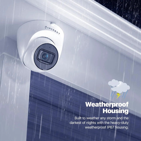 UltraHD 4K Outdoor Security Turret Cam PoE With 3840x2160 Clarity 98ft Night Vision mounted under eave in rain