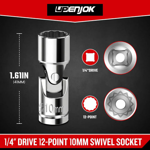 1/4 Inch Drive 10mm Universal Joint Socket 12 Point Mirror Finish Cr-V Steel Built Beefy For Maximum Strength And Durability, Perfect For Pro Jobs And DIY Projects. 10mm swivel socket