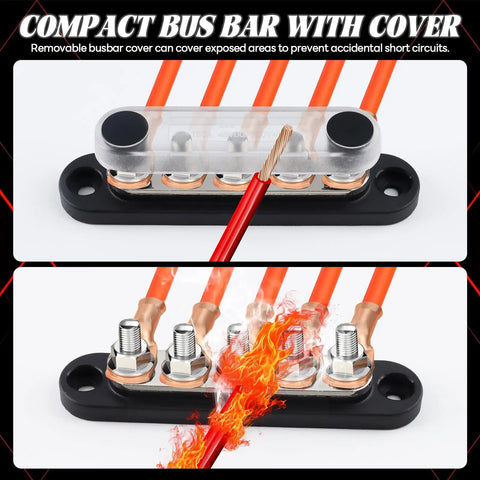 Heavy Duty 150A 12V Bus Bar Power Distribution Block For Car, Boat, Marine, Featuring Tough As Nails Nylon Base, Stainless Stud Terminals, Nickel Plated Copper Plate, Heat Resistant And Corrosion Proof Electrical Hub, with cover