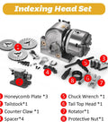 Heavy Duty Cast Iron Indexing Dividing Head With 3 Jaw Chuck And Spiral Tailstock Offering Killer Precision Rotary Indexer Functionality For Drill Press And Cnc Milling Making Dead Nuts Spot On Results For Any Garage Setup with accessories.